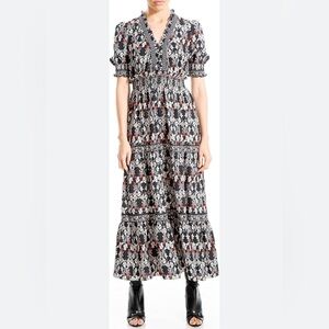Max Studio Ruffle V Neck Floral Black and White Maxi Dress size XS